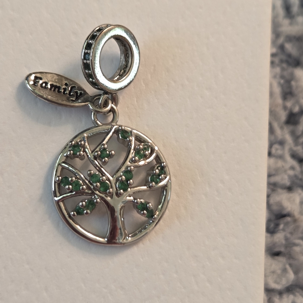 Silver Family Tree Charm With Green Stones